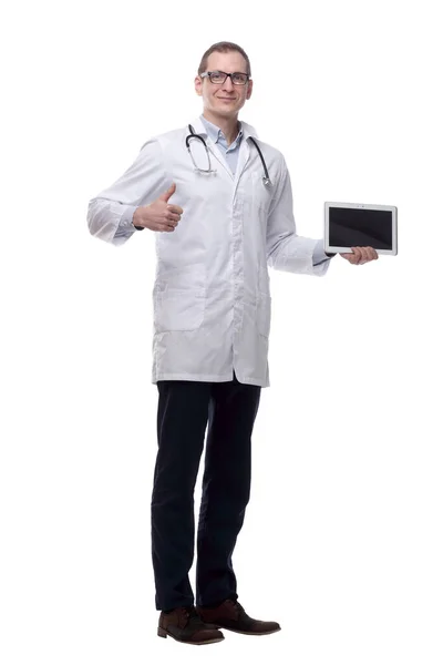 Orvos Terapeuta Mutat Képernyőre Egy Digitális Tabletta — Stock Fotó