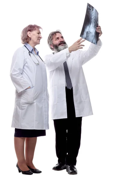 Медичні Колеги Обговорюють Рентгенівські Промені Ізольовані Білому — стокове фото
