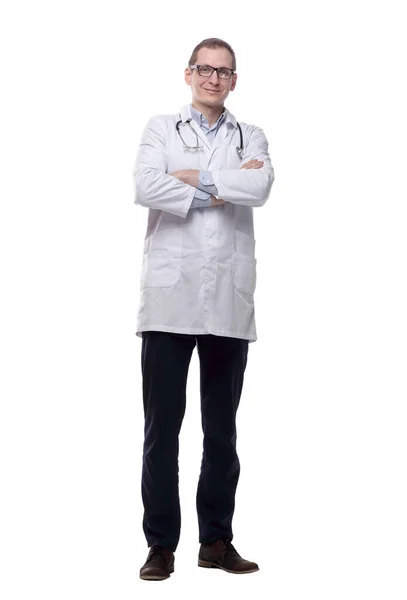Впевнений Чоловік Лікар Вказує Ізольовані Білому — стокове фото
