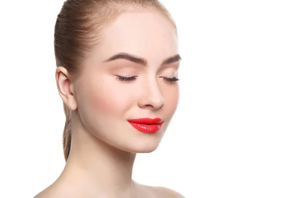 Mooi Meisje Met Rode Lippen Portret Geïsoleerd Wit Gewas — Stockfoto