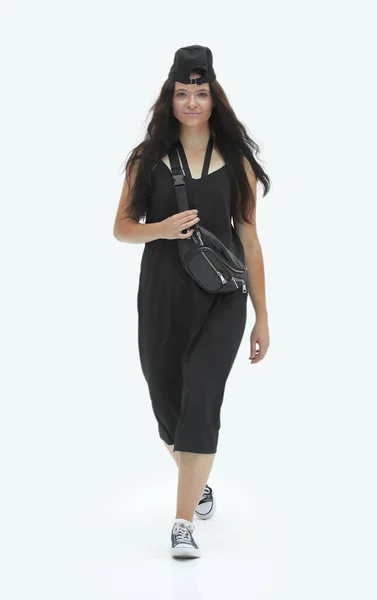 Volle Groei Elegante Vrouw Zwarte Outfit Lopen Vooruit — Stockfoto