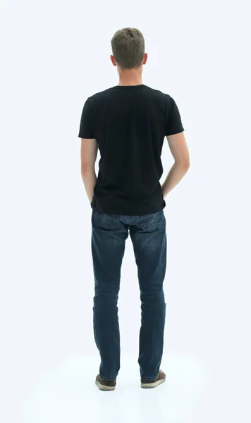 Vista Trasera Tipo Camiseta Negra Mirando Pared Blanco — Foto de Stock