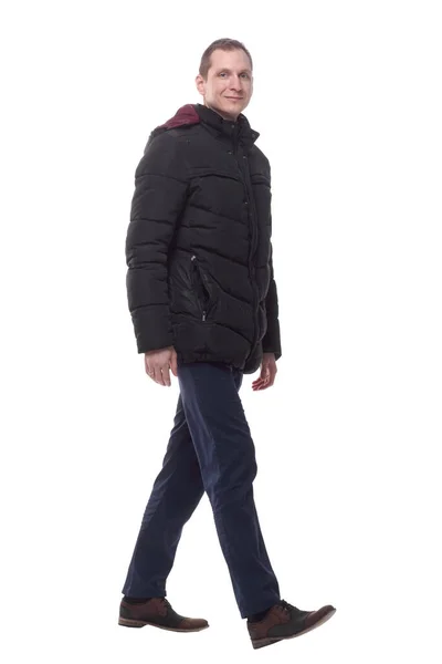 Случайный Молодой Человек Осенней Куртке Шагает Вперед — стоковое фото