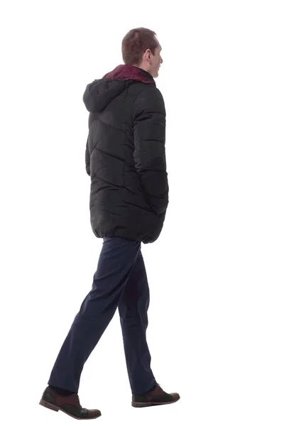 Случайный Молодой Человек Осенней Куртке Шагает Вперед — стоковое фото
