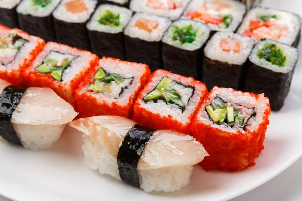 Conjunto Colorido Sushi Rolos Vista Superior Close Saboroso Conceito Frutos — Fotografia de Stock