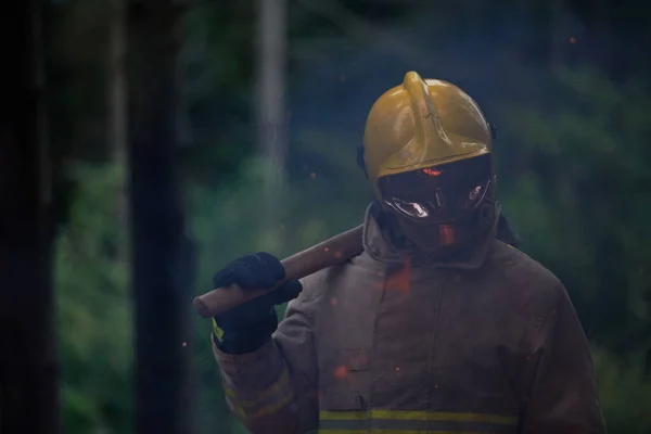 Firefighter Portrait Axe Forest — Stock Photo, Image