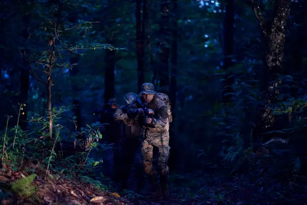 Night Mission Armed Soldiers Forest — Stock Photo, Image