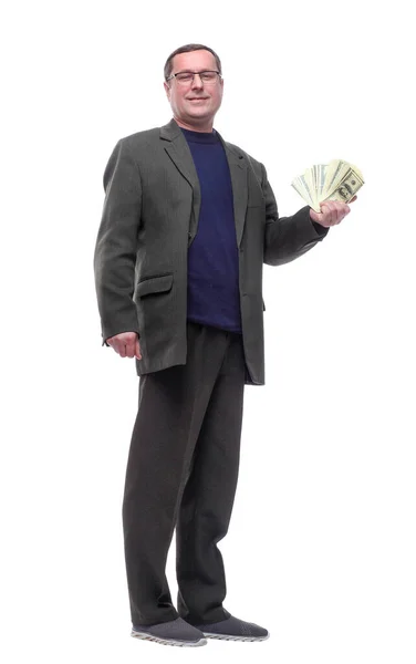 Voller Länge Lässiger Mann Zeigt Ein Bündel Banknoten — Stockfoto