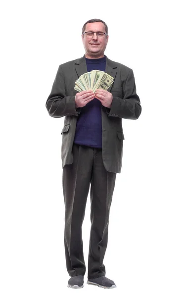 Volledige Lengte Casual Man Met Een Bundel Bankbiljetten — Stockfoto