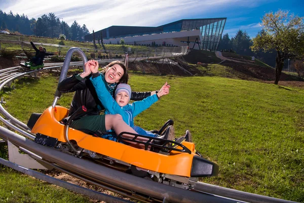 Young Mother Son Driving Alpine Coaster — Stock Photo, Image