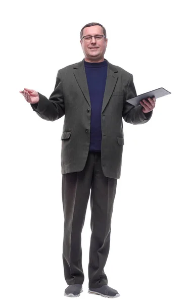 Full Length Smiling Adult Male Clipboard — Stock Photo, Image