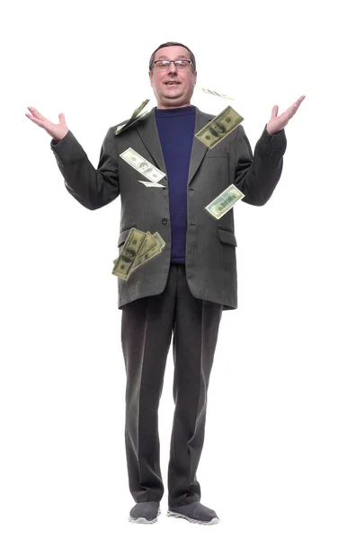 Full Length Casual Man Standing Money Rain — 图库照片