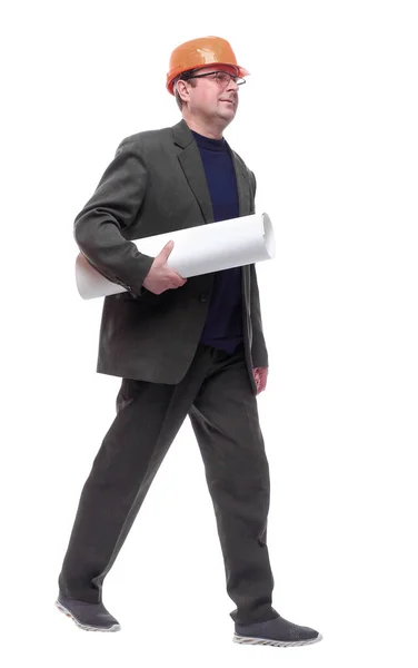 Full Growth Male Architect Roll Sketches Striding — Stock Photo, Image