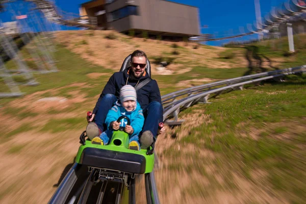 Young Father Son Driving Alpine Coaster — Stock Photo, Image