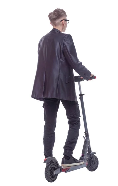 Rear View Guy Glasses Electric Scooter Looking — Stock Photo, Image