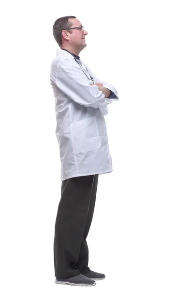 Médico Masculino Com Estetoscópio Olhando Para Uma Tela Branca — Fotografia de Stock