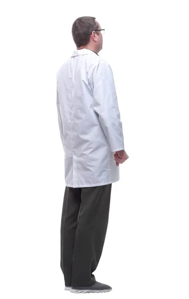 Side View Male Doctor Reading White Screen — Stock Photo, Image
