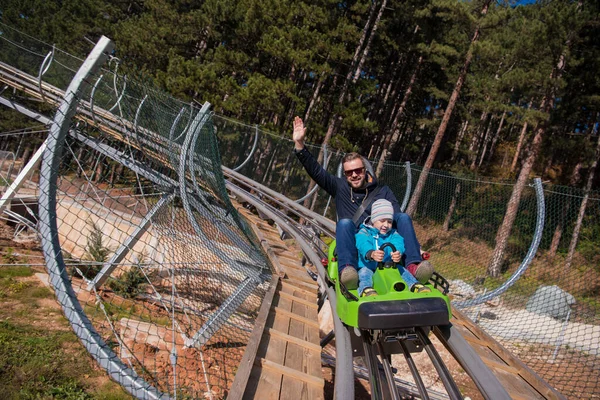 Young Father Son Driving Alpine Coaster — Stock Photo, Image