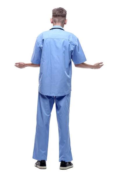 Achteraanzicht Paramedicus Een Blauw Uniform Leest Een Advertentie Een Witte — Stockfoto