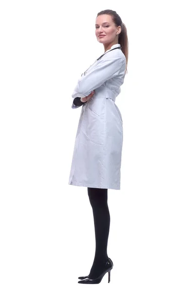Side View Young Woman Doctor Looking White Screen — Stock Photo, Image