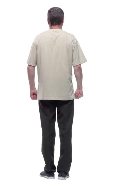 Visão Traseira Homem Uma Camiseta Clara Olhando Para Uma Tela — Fotografia de Stock