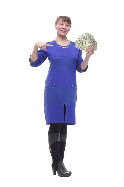 ドル紙幣に現金のファンを持つビジネス女性 — ストック写真