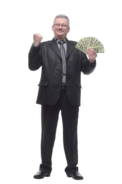 Счастливый Богач Поднятыми Руками Раздувает Деньги — стоковое фото