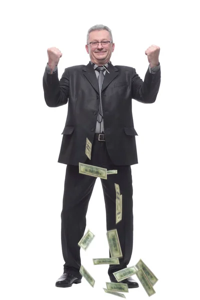 Hombre Negocios Feliz Con Dólares Bajando — Foto de Stock