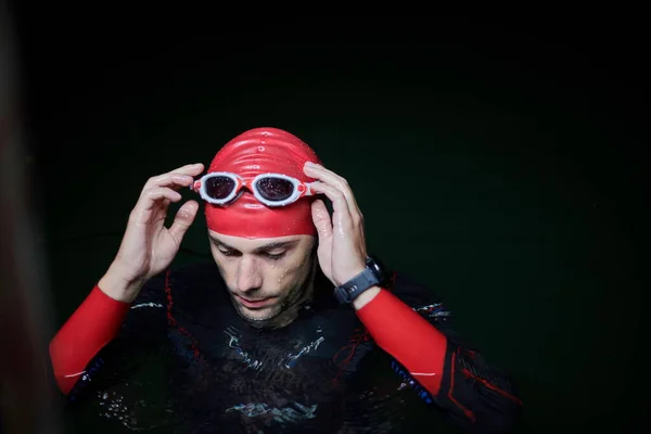 Authentic Triathlete Swimmer Having Break Hard Training Night — Stock Photo, Image