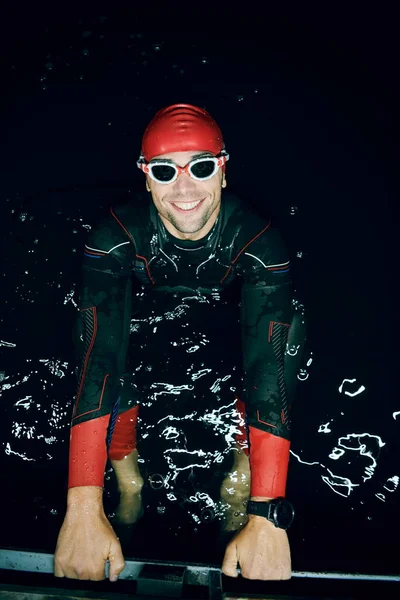 Authentic Triathlete Swimmer Having Break Hard Training Night — Stock Photo, Image