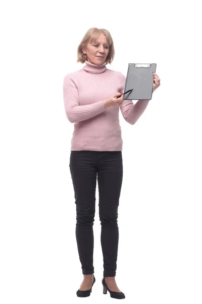 Full Length Portrait Smiling Business Woman Pointing Blank Clipboard — Stock Photo, Image