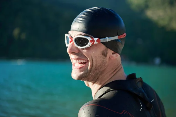 Triathlon Athlete Starting Swimming Training Lake — Stock Photo, Image