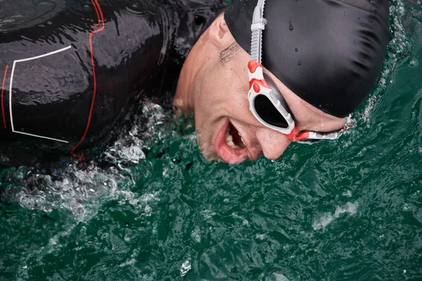 Triathlon Athlete Swimming Lake Wearing Wetsuit — Stock Photo, Image