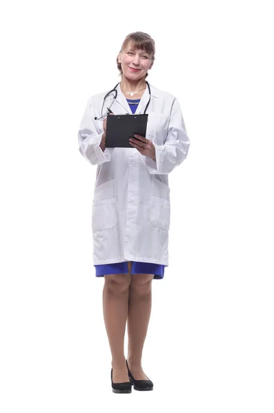 Pano Beyaz Arka Plan Üzerinde Izole Stetoskop Yazma Üniformalı Kadın — Stok fotoğraf