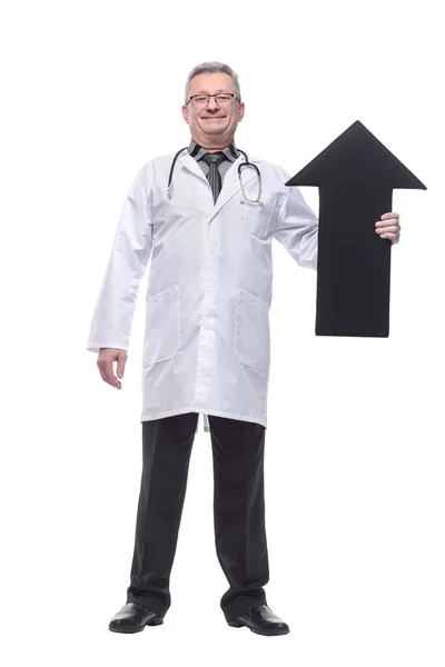 Mature Doctor Holding Black Arrow Pointing Right — Stock Photo, Image