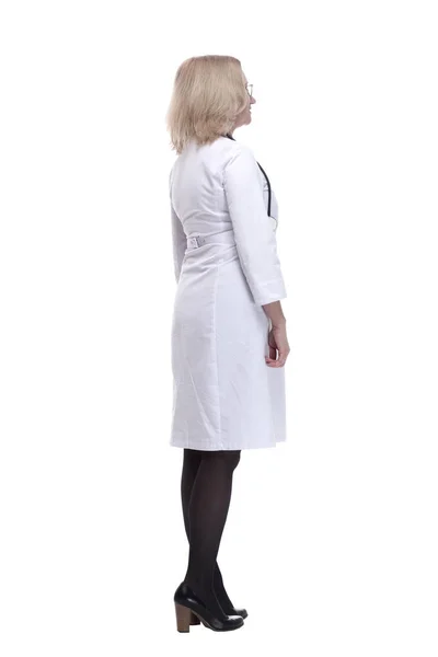 Female Doctor Looking Blank Screen Isolated White Stock Picture