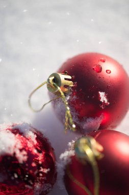 Taze karda kırmızı Noel topları. Kış tatili uygun.