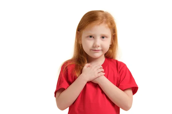 Portrait Cheerful Caucasian Little Girl Red Hair Posing Studio Looking — Stock Photo, Image