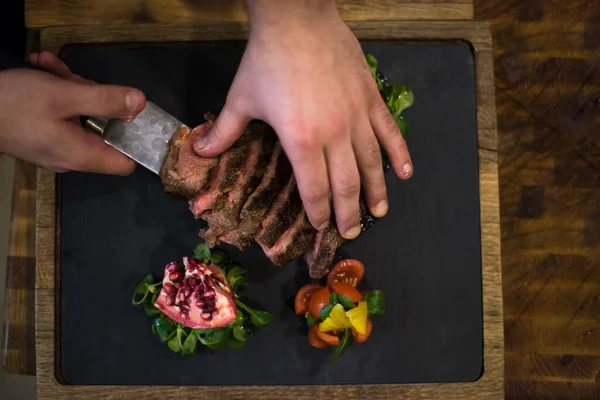 Top View Chef Hands Serving Beef Steak — Stock Photo, Image