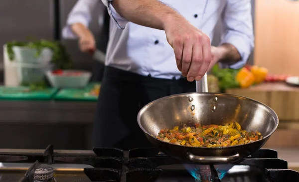 Chef Putting Spices Vegetables Wok — Stock Photo, Image