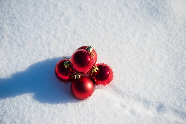 Red Christmas Balls Fresh Snow Winter Holidays Conept — Stock Photo, Image