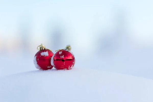 Red Christmas Balls Fresh Snow — Stock Photo, Image