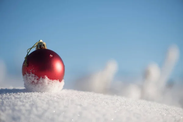 Czerwona Świąteczna Piłka Świeżym Śniegu Koncepcja Ferii Zimowych — Zdjęcie stockowe