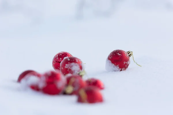 Bolas Rojas Navidad Nieve Fresca —  Fotos de Stock