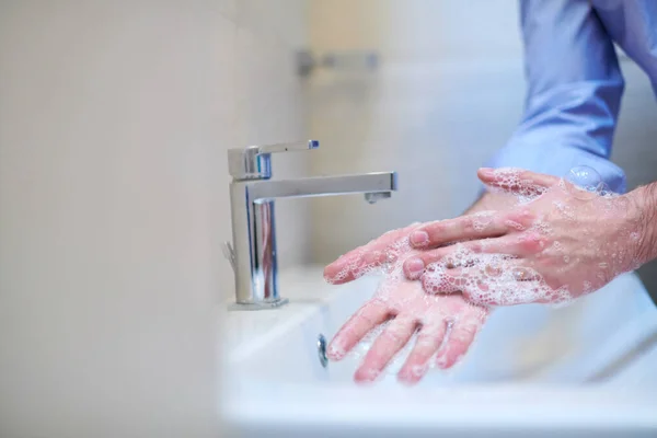 Coronavirus Male Washing Hands Bathroom — Stock Photo, Image