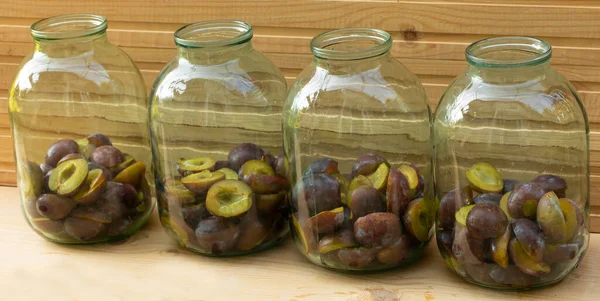 Plums Placed Jars Plum Compote Cooking Process — Stock Photo, Image
