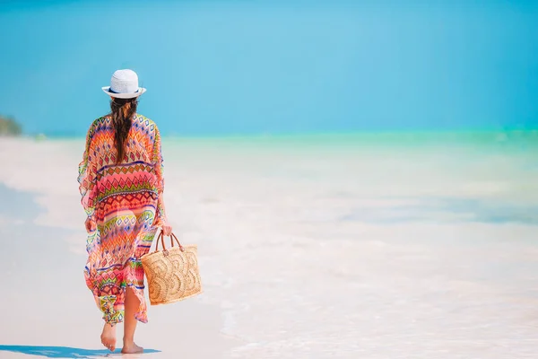 年轻美丽的女人在热带海滨玩得很开心 快乐的女孩背景蓝蓝的天空和加勒比海中碧绿的海水在驯鹿岛上 — 图库照片