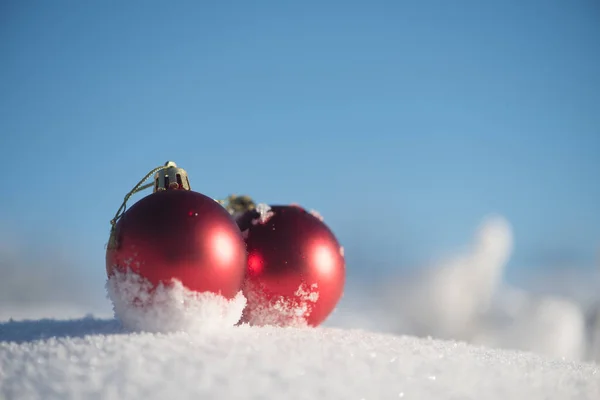 Red Christmas Balls Fresh Snow Winter Holidays Conept — Stock Photo, Image
