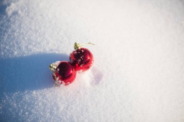 Taze karda kırmızı Noel topları. Kış tatili uygun.