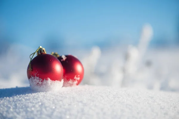 Bolas Rojas Navidad Nieve Fresca Vacaciones Invierno Conept —  Fotos de Stock